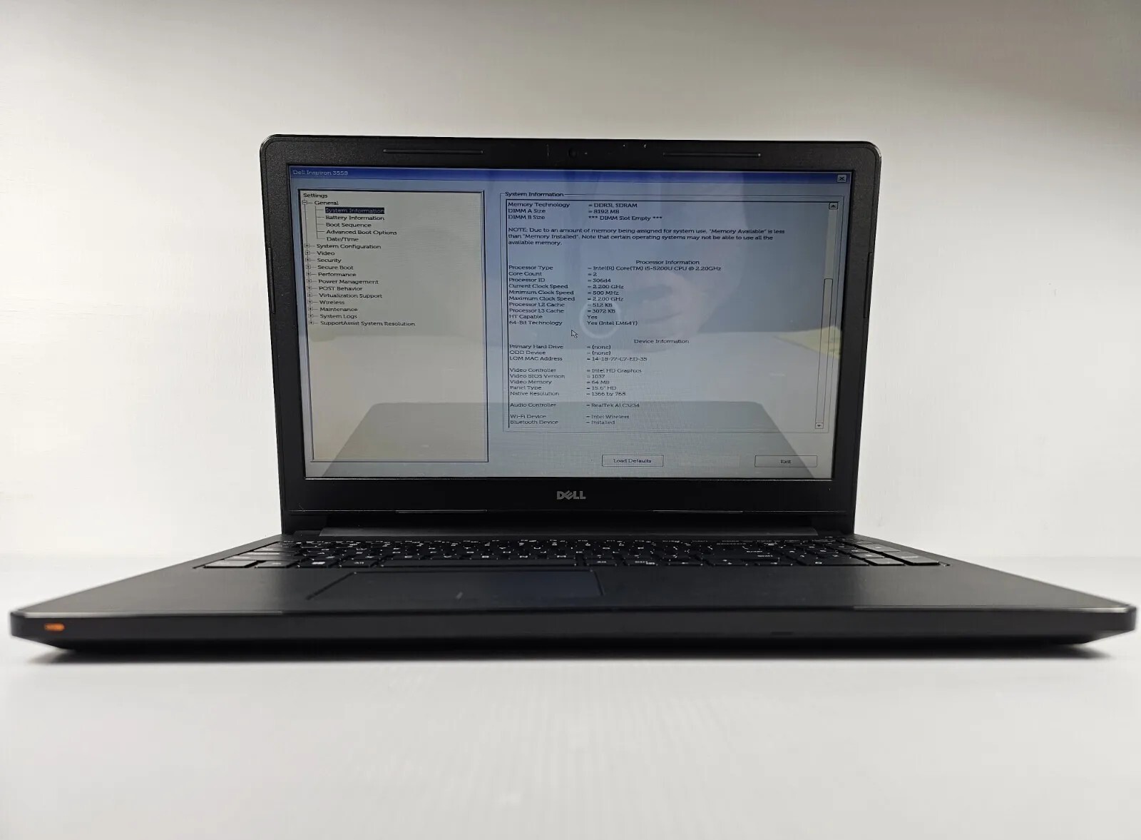 Dell Laptop 3558  Intel i5 2.2ghz 8GB RAM NO HDD