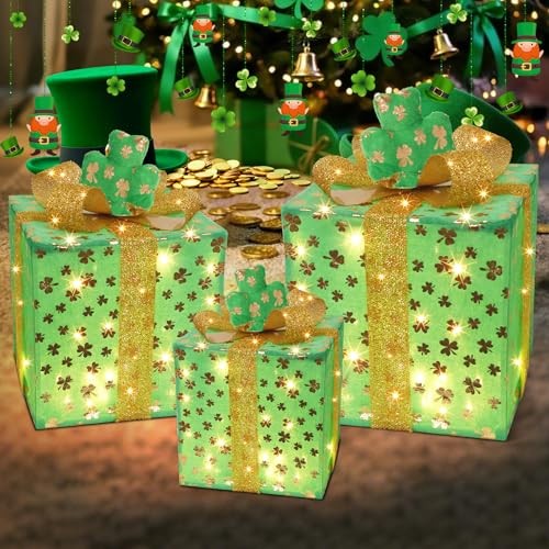 3 Pieces Lighted Gift Boxes St Patricks Day Decoration, 50 LED St. GreenGold