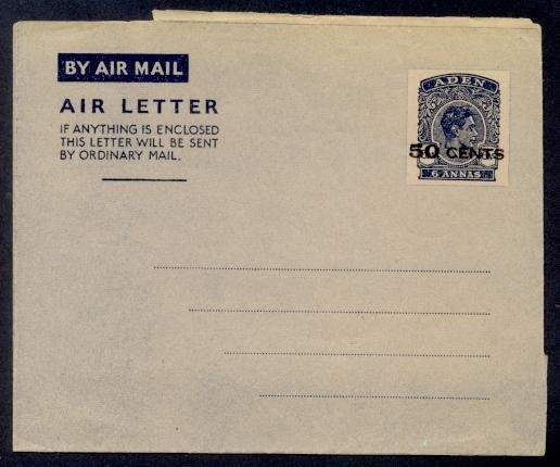 ADEN KGVI 50c OVPT MINT AEROGRAM