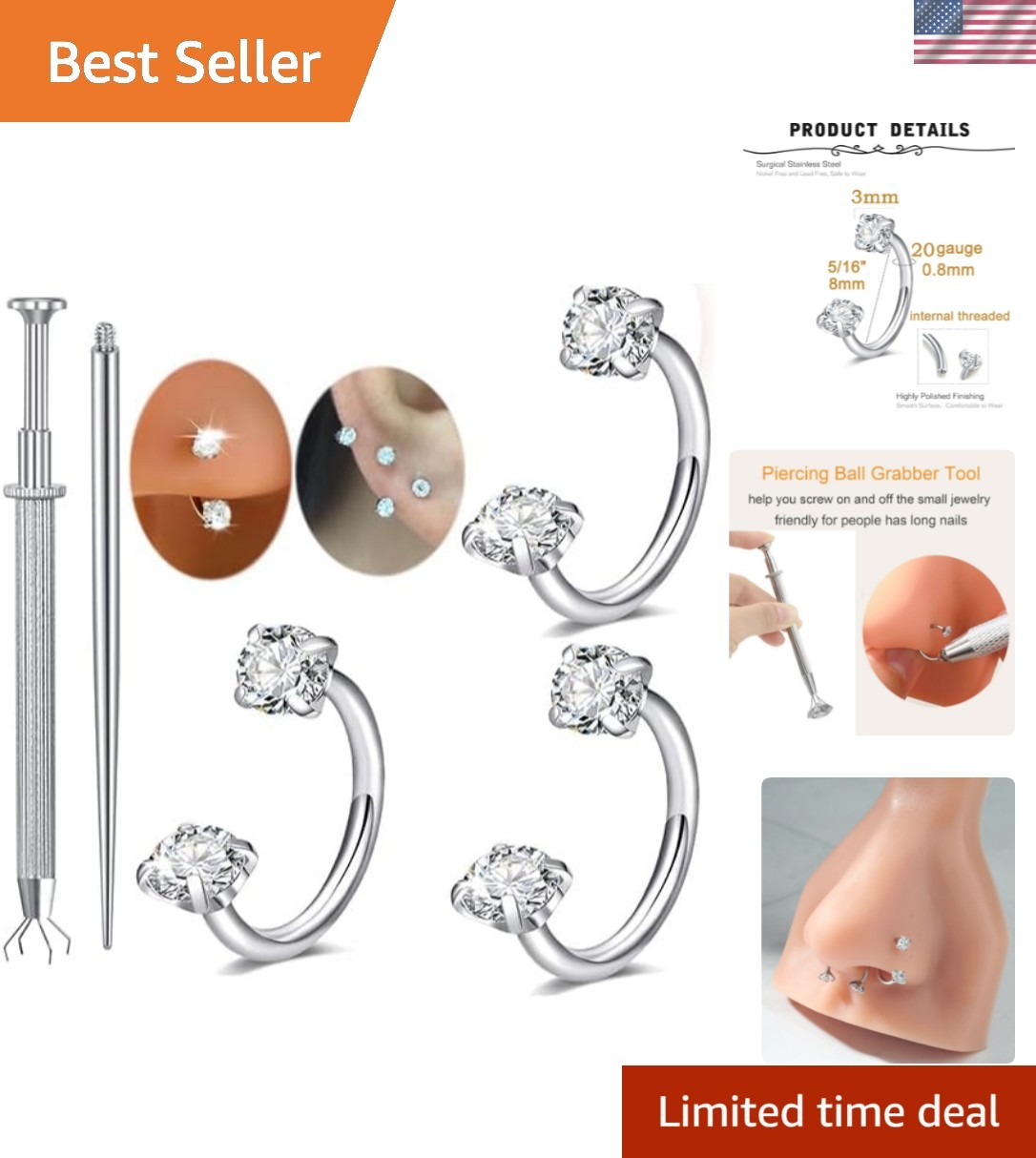 3pcs 20g Stainless Steel Horseshoe Nose Rings – Hypoallergenic & Elegant