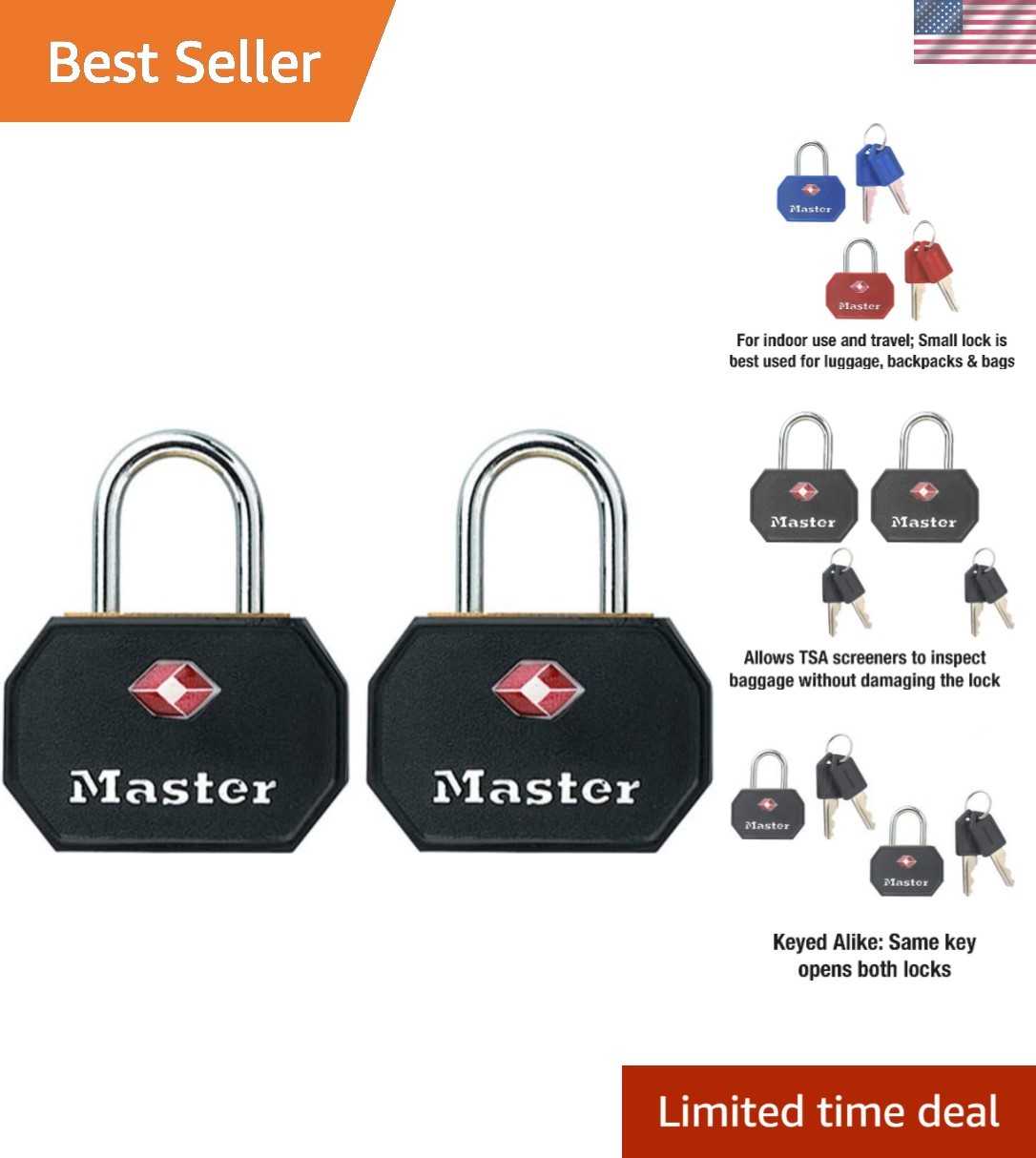 4681TBLK TSA Approved Luggage Lock with Key, 2 Pack, Colors May Vary