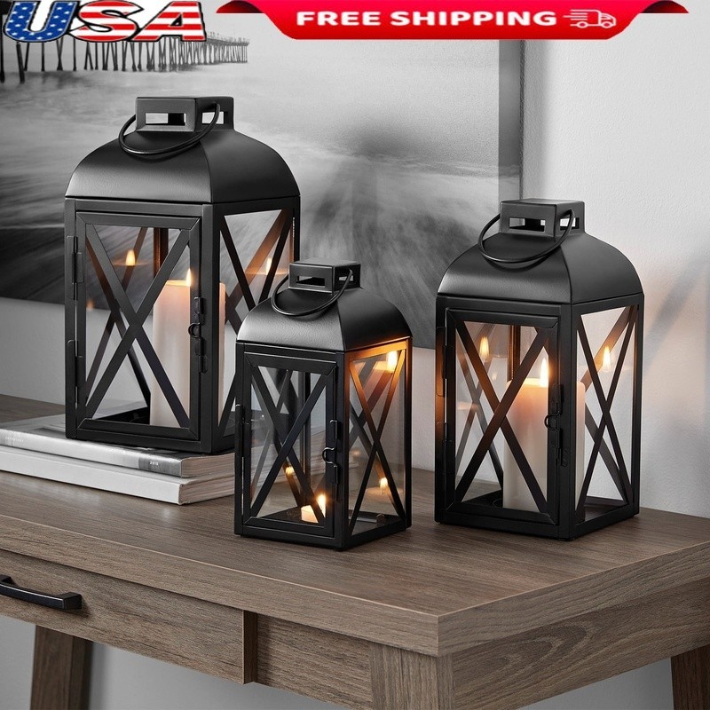 Black Metal Lantern Candleholder Indoor Outdoor Hanging Decorative Pillar Holder