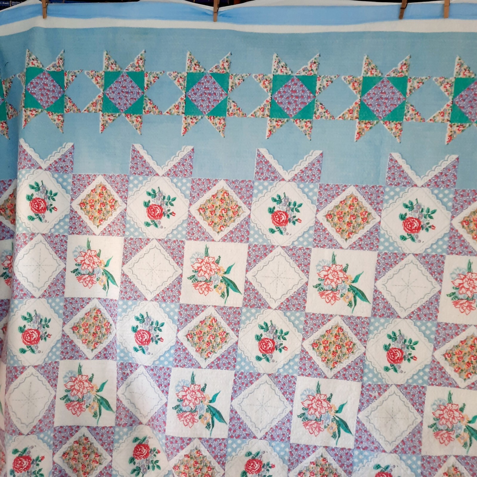 Vintage Beacon Fashion Print Blanket Diamond Patchwork 100" x 93" Satin Trim USA