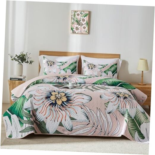  Queen Quilt Bedding Set,White Green Full/Queen(90"x96") Blush White Botanical
