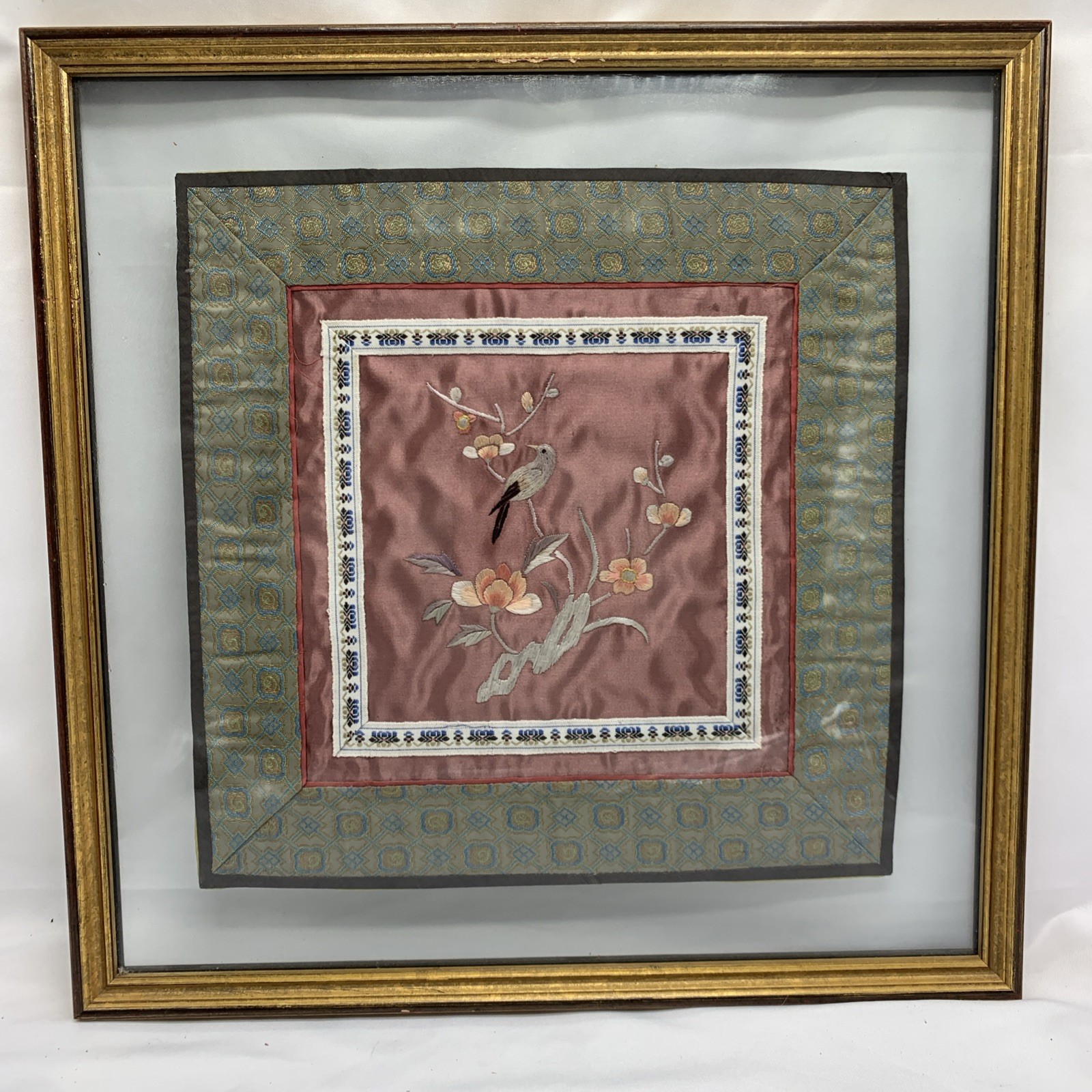 Chinese Asian Embroidery Panel Picture Flowers Bird 14.5" Square Frame Silk VTG