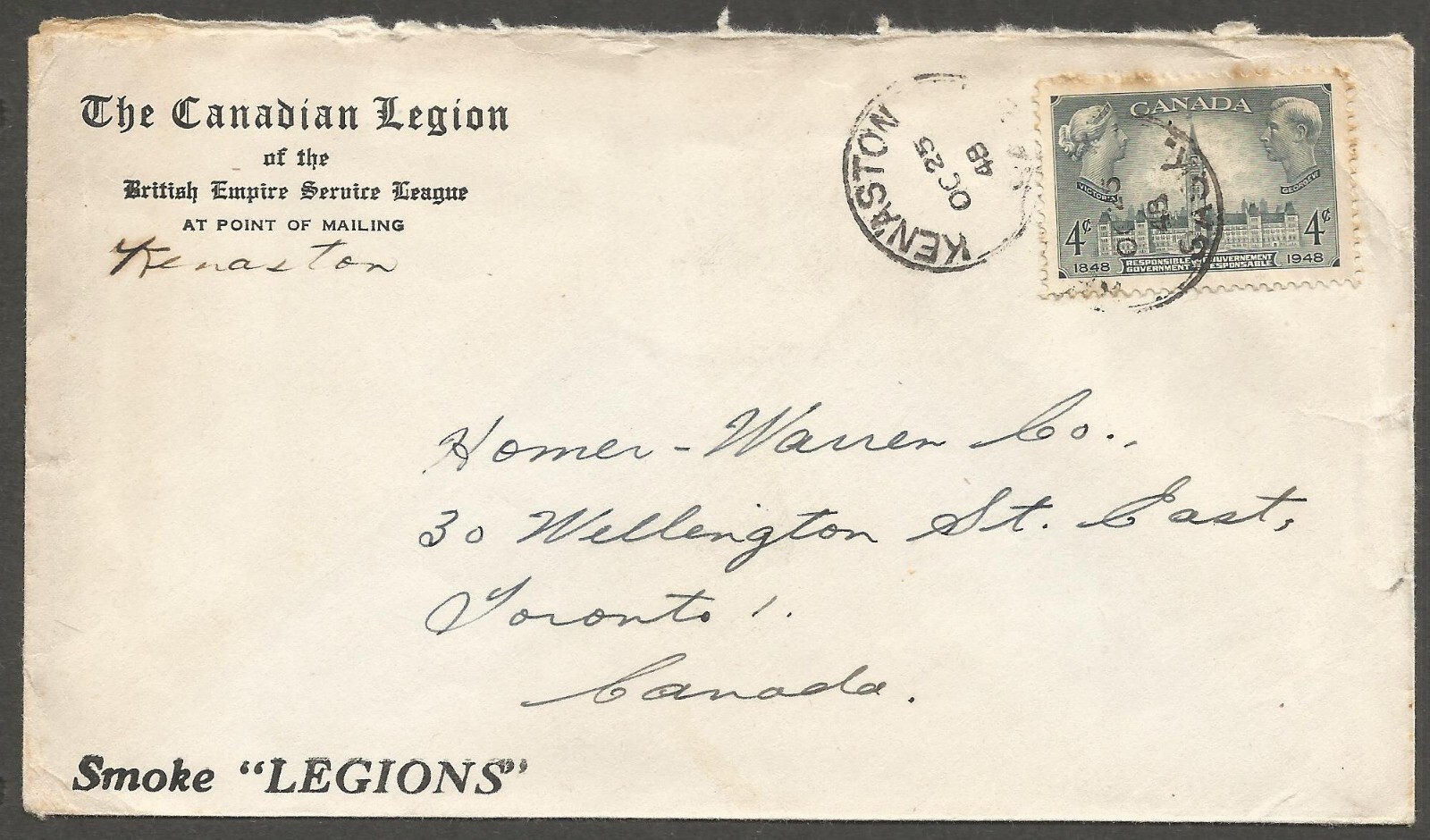 1948 Smoke Legions Cigarettes Advertising Cover 4c CDS Kenaston Saskatchewan
