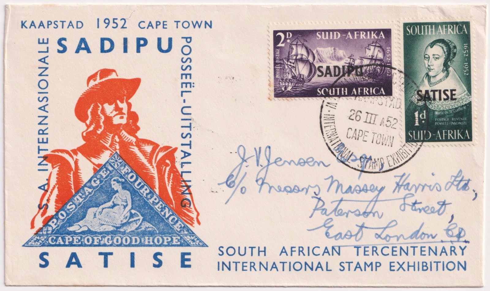 1952 South Africa SATISE Cape Town Tercentenary Exhibition Cover SADIPU Cachet