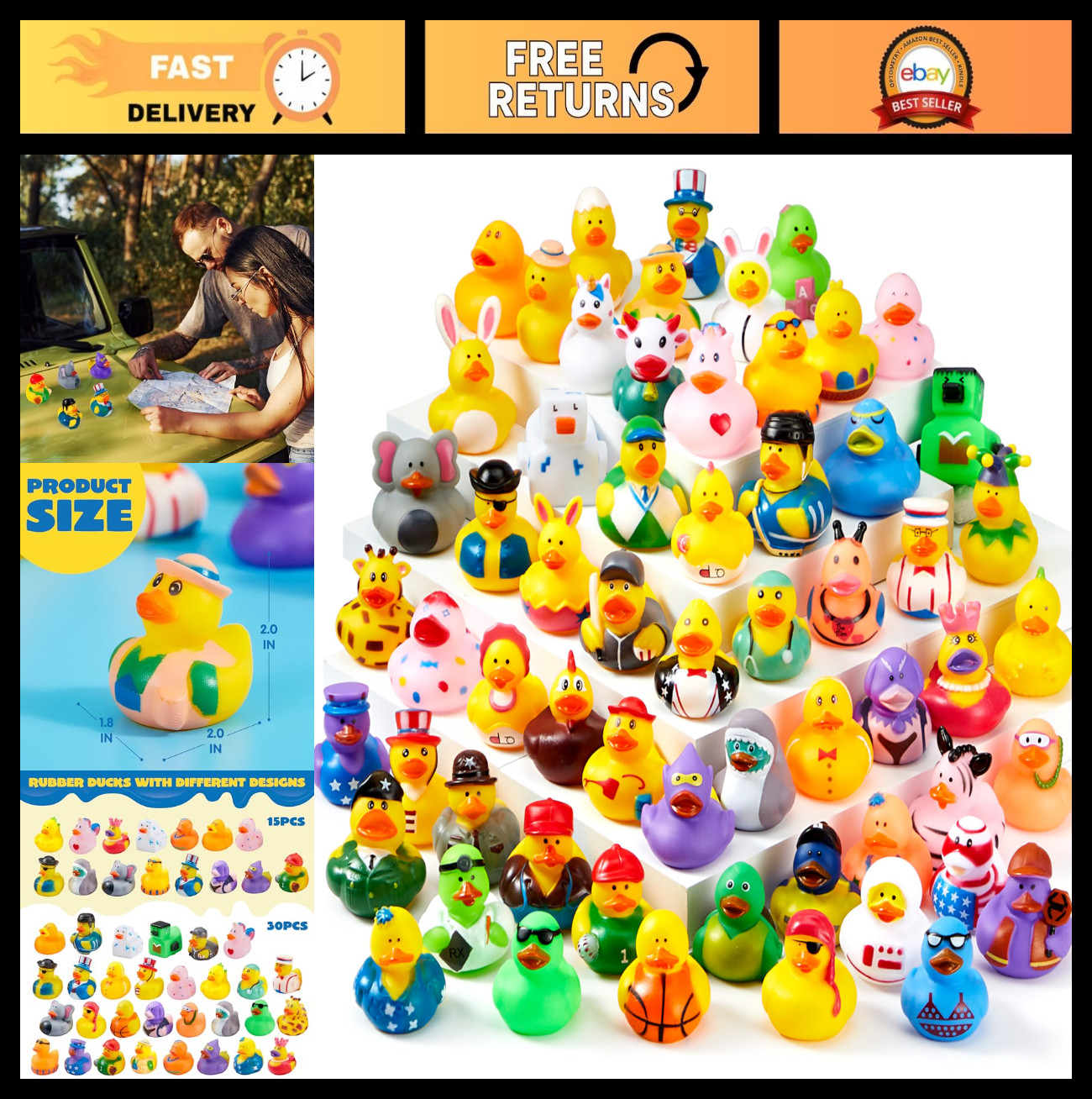 120 Pcs Assorted Rubber Ducks Bulk Set with Mesh Bag - Bath Toys & Party Favors