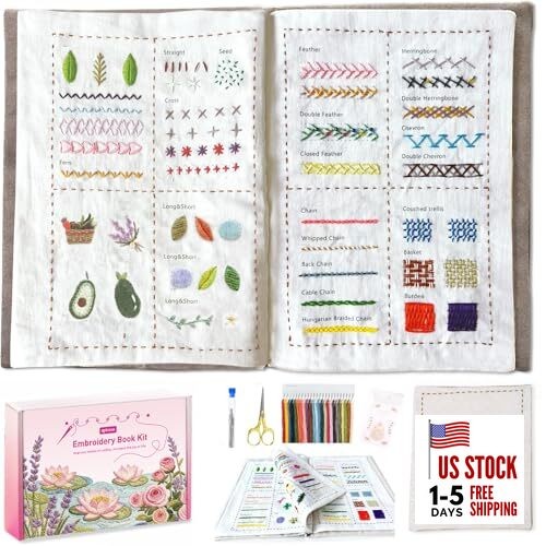  Embroidery Stitch Book Kit, All in One Sewing Embroidery Kits, 5.41 Pink