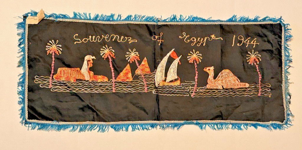 Vintage 1944 Egyptian Hand Embroidered Velvet Wall Hanging Folk Textile