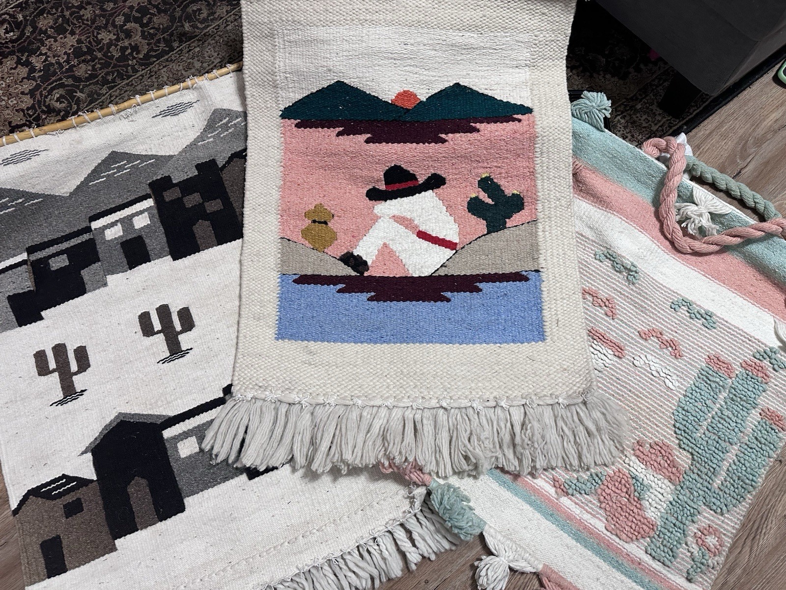 3 TotalVintage Wool Woven Tapestries 3 Handmade 37” X 29” One Of A Kind Art