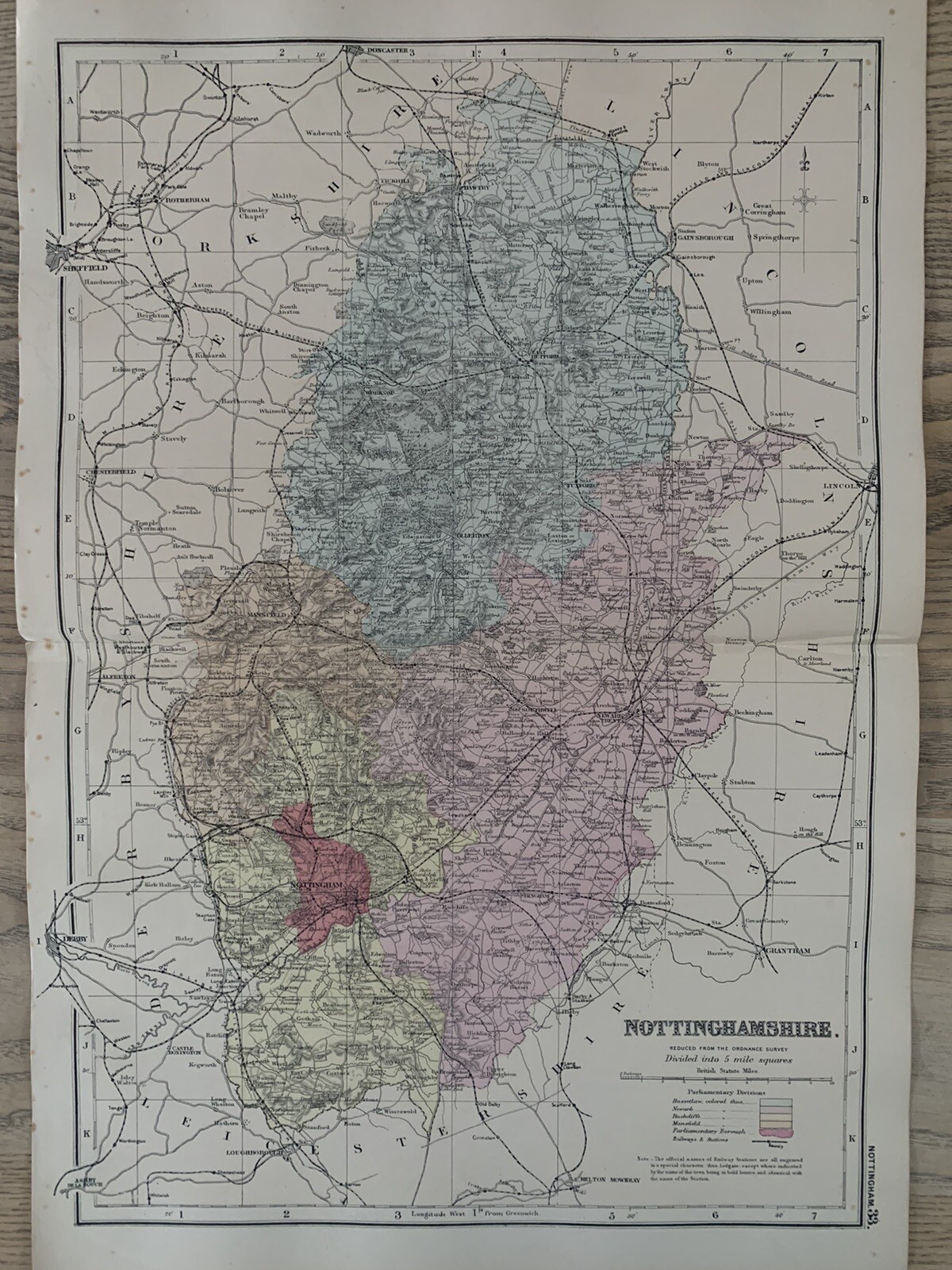 1886 Nottinghamshire Antique Hand Coloured County Map by G.W. Bacon