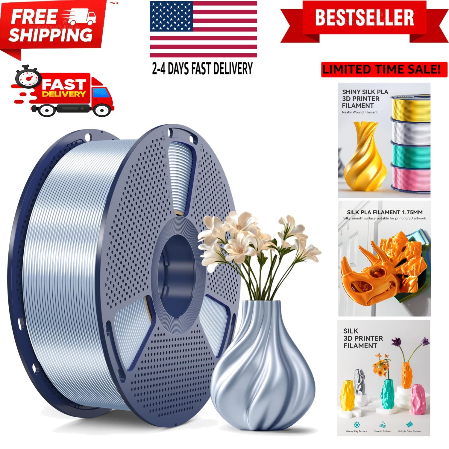 3D Printer Silk Filament,Shiny Silk PLA Filament 1.75mm, Smooth Silky Surface...