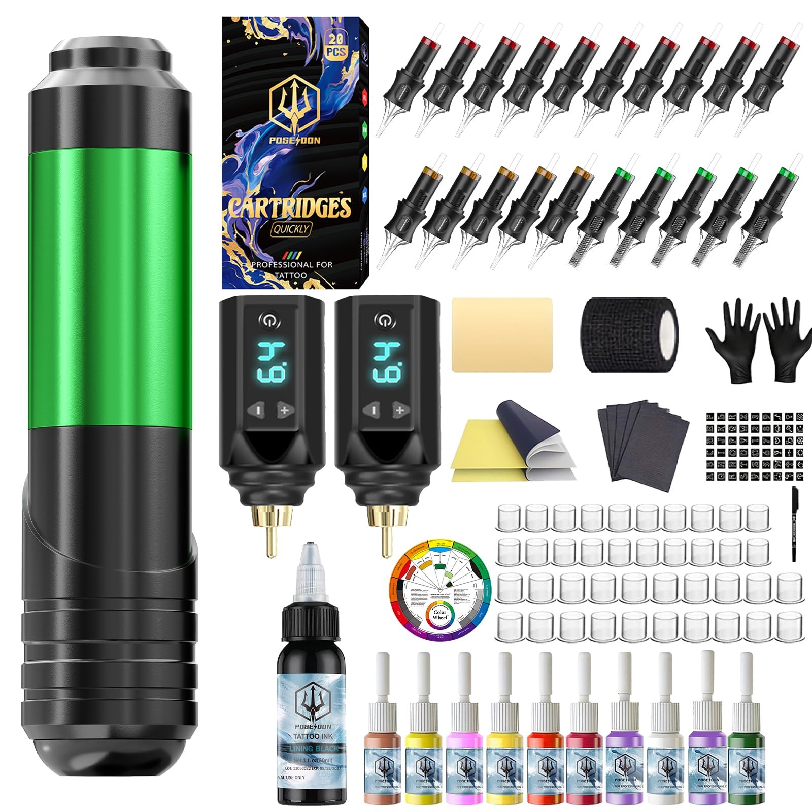 POSEIDON Tattoo Pen Set, Tattoo Gun Kit with 2Pcs Battery and 20Pcs Tattoo Ca...