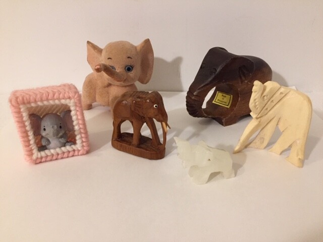 6 Elephant Figures Wooden Glass Plastic Souvenirs Knick-Knacks