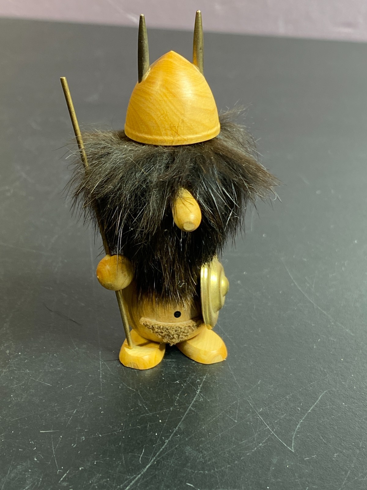 Goula Spain Viking Warrior Teak Wood Fur Hair Spear Shield Helmet Figurine