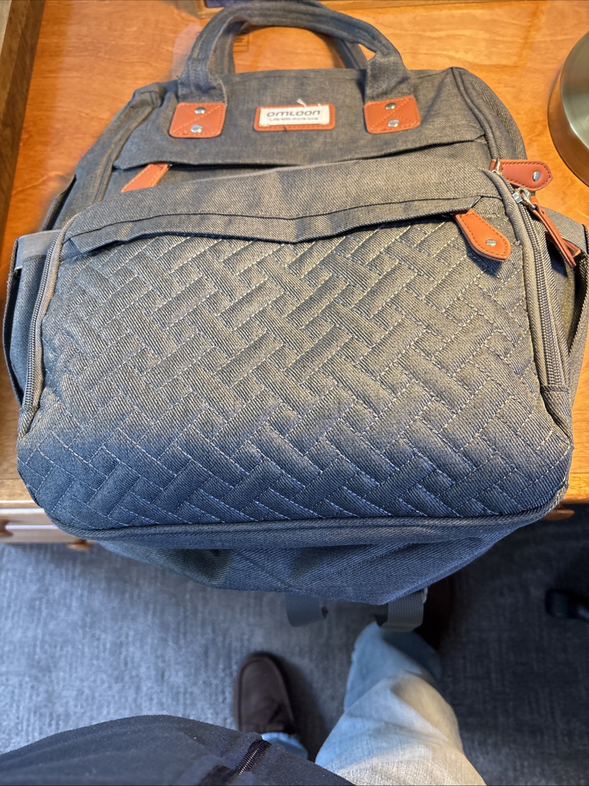 [NEW] Omloo Backpack, Large for Travel  - Grey With Brown Trim-Brand New