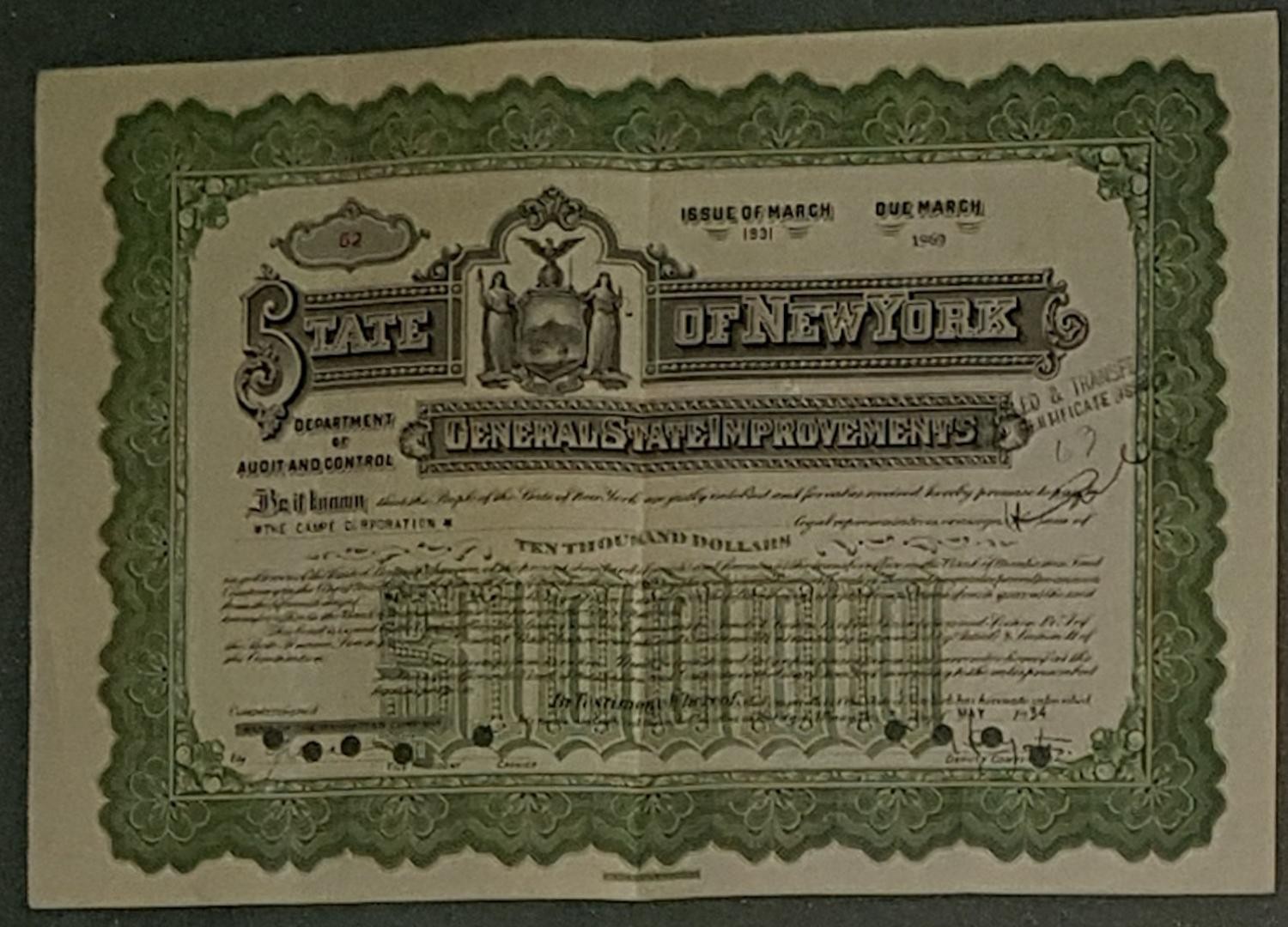 State New York Bond State Improvements 03/1931 - 03/1969 3.25% $10,000