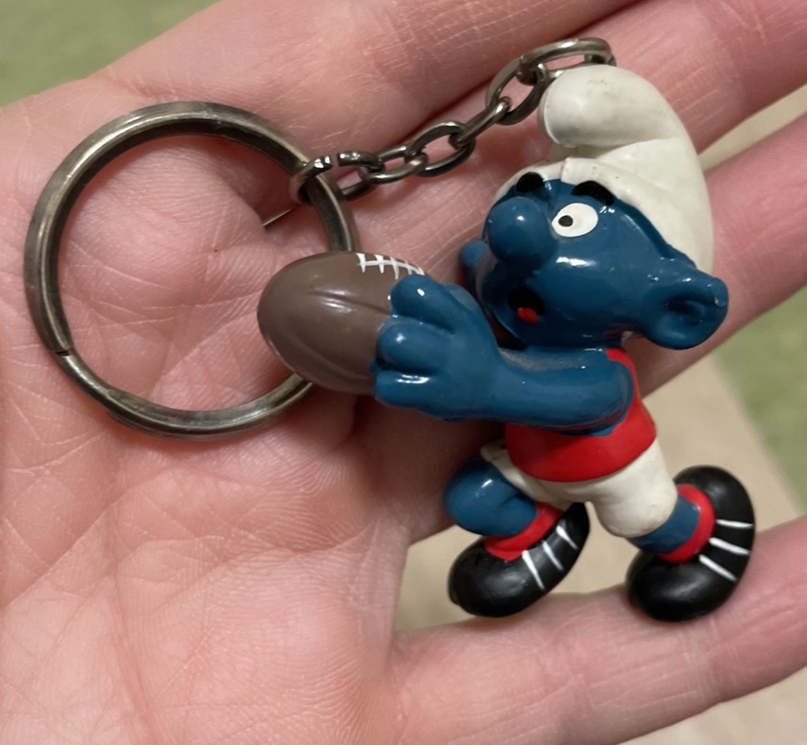 Vintage Keychain 1970’s Football Smurf Figure Keychain Peyo PVC