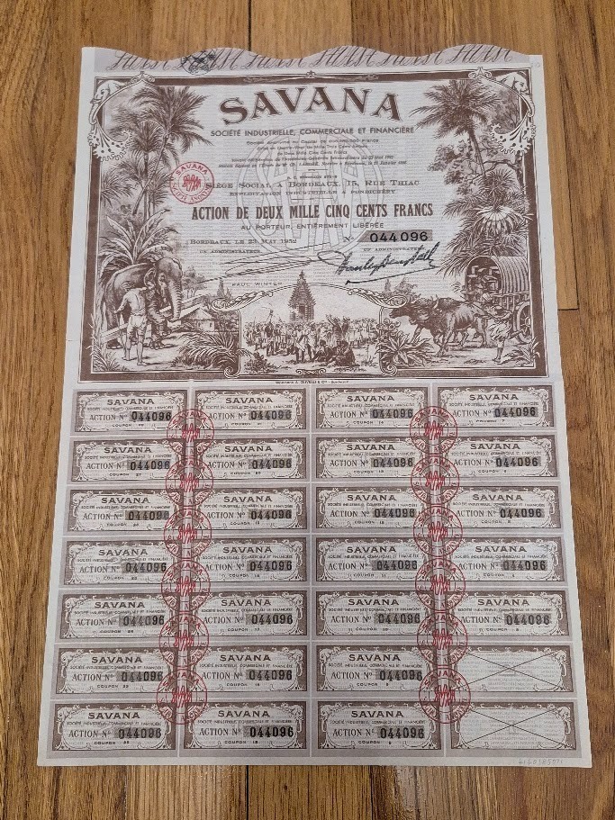 1952 Savana Societe Industrielle Bond Certificate