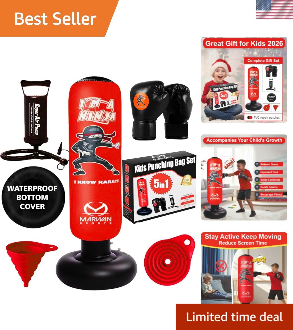 5-in-1 Inflatable Punching Bag for Kids – 63" Karate Toy Set with Boxing Glov...