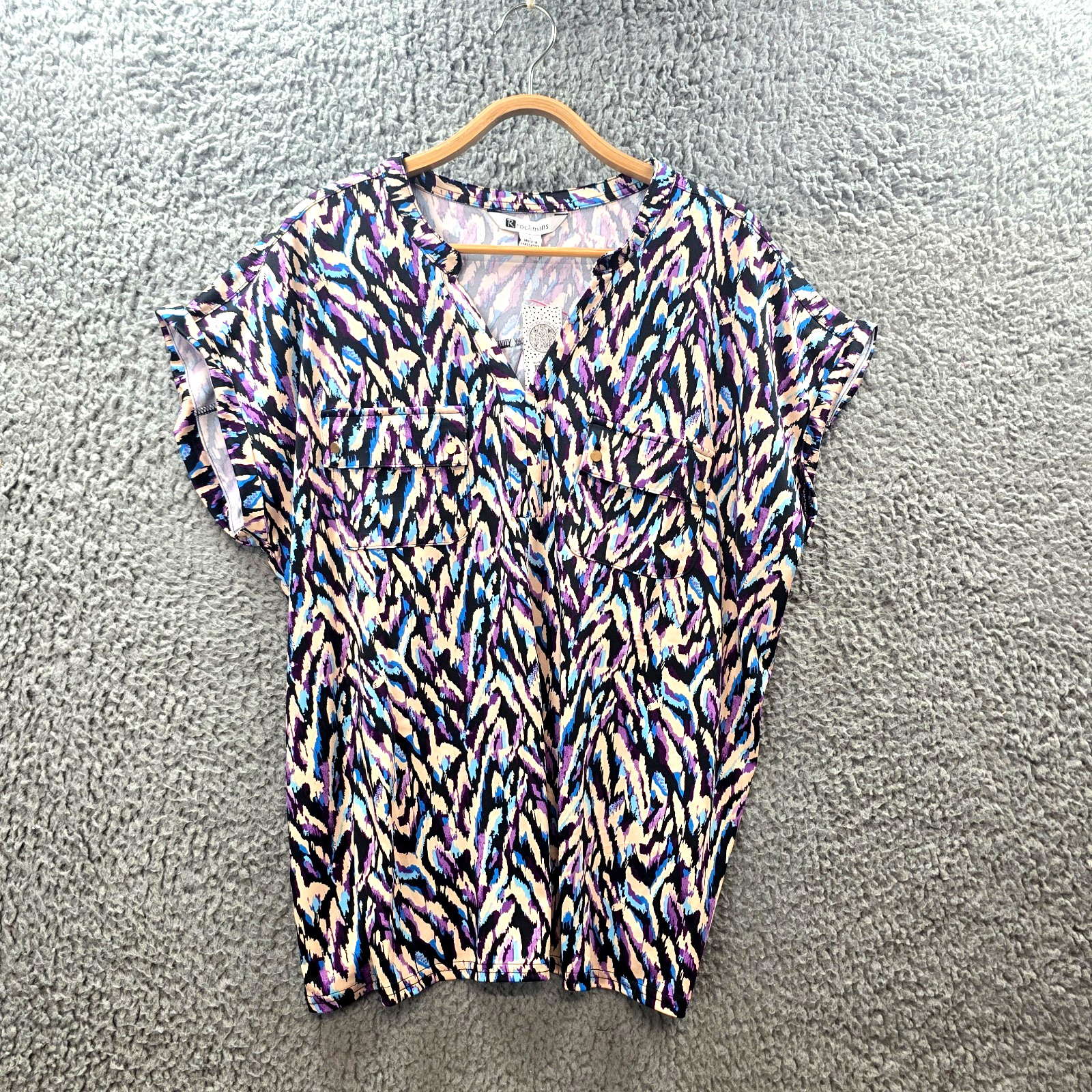 New Rockmans Womens Blouse Top Size l  Blue Purple Ivory Stretch Knit V-Neck