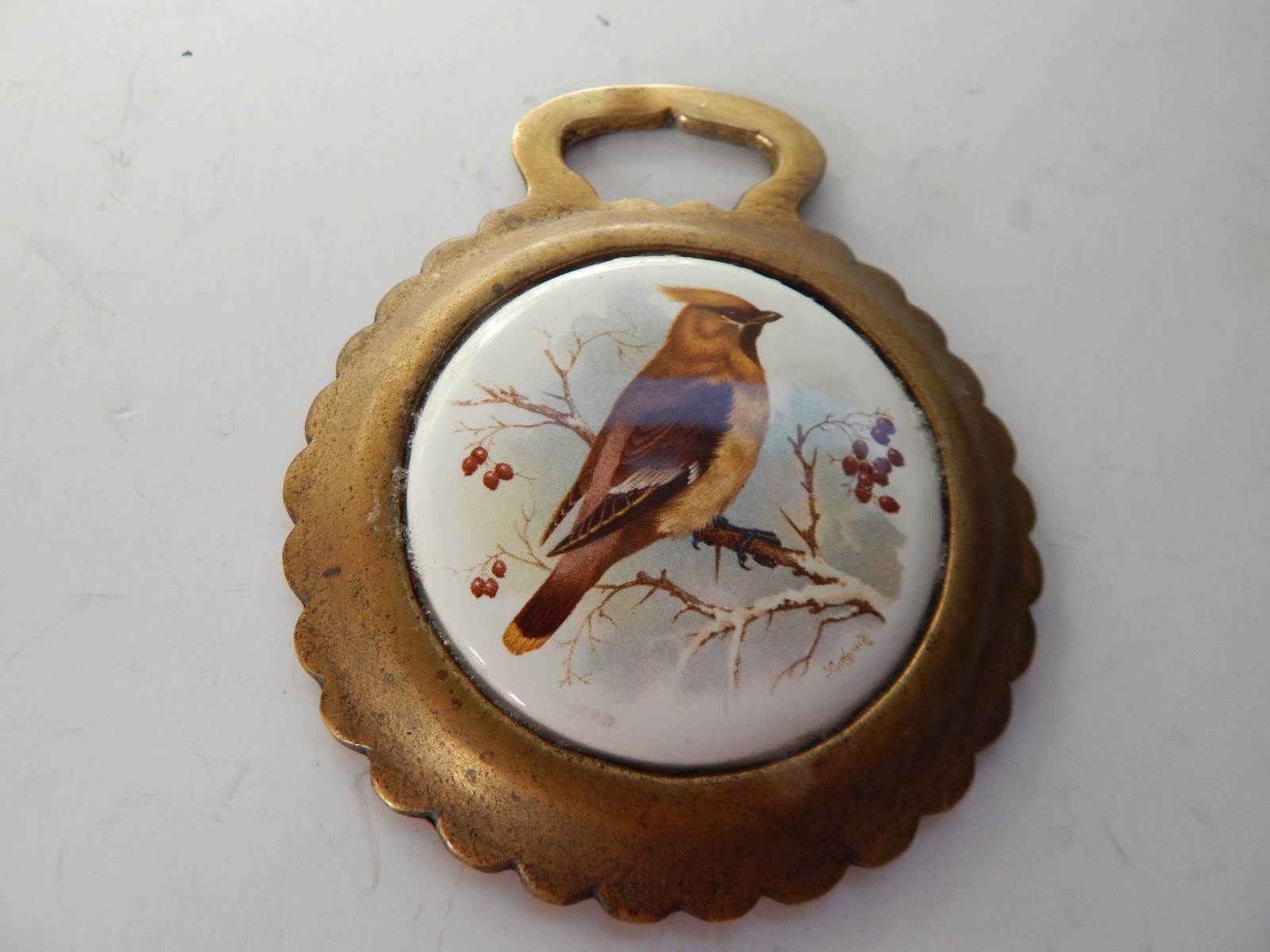 HORSE Brass Horse Medallion Antique English BIRD Scene With ceramic Center