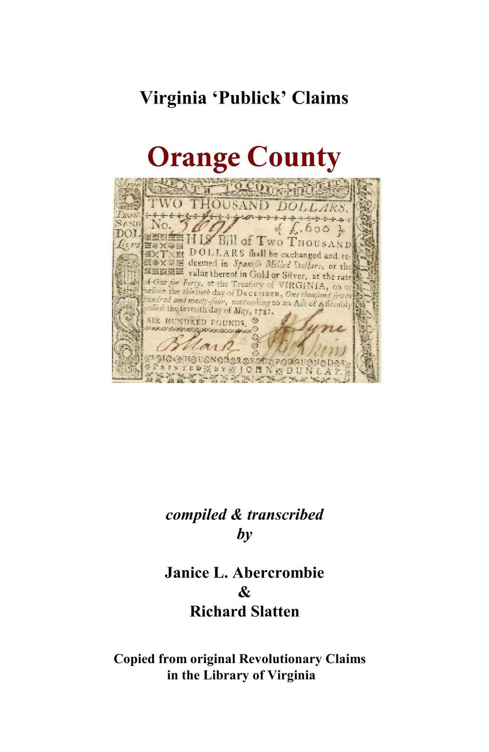 Orange County, Virginia Revolutionary Publick Claims GENEALOGY