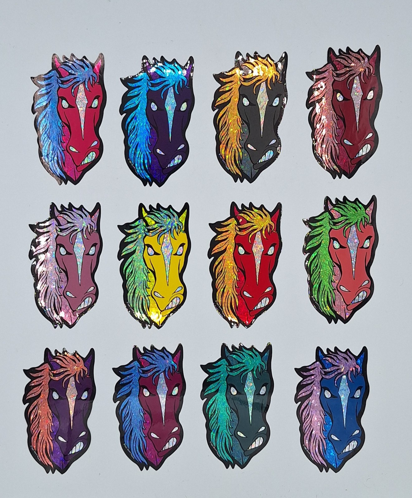 Complete Set of 12 Vintage Prism Foil Horse Head Vending Machine Stickers 90's