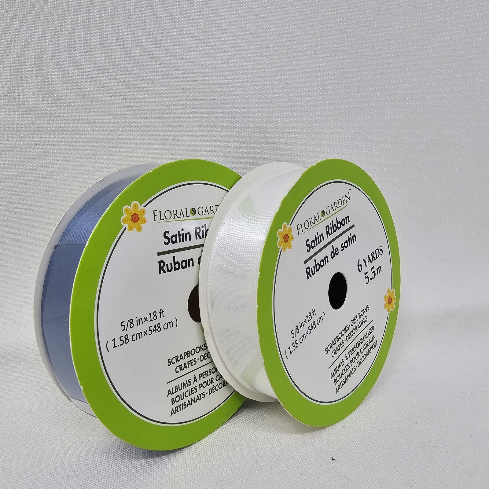 Floral Garden Gold Satin Ribbon (5/8"x18ft) 6 Yards LOT OF 2 White/Navy Crafts