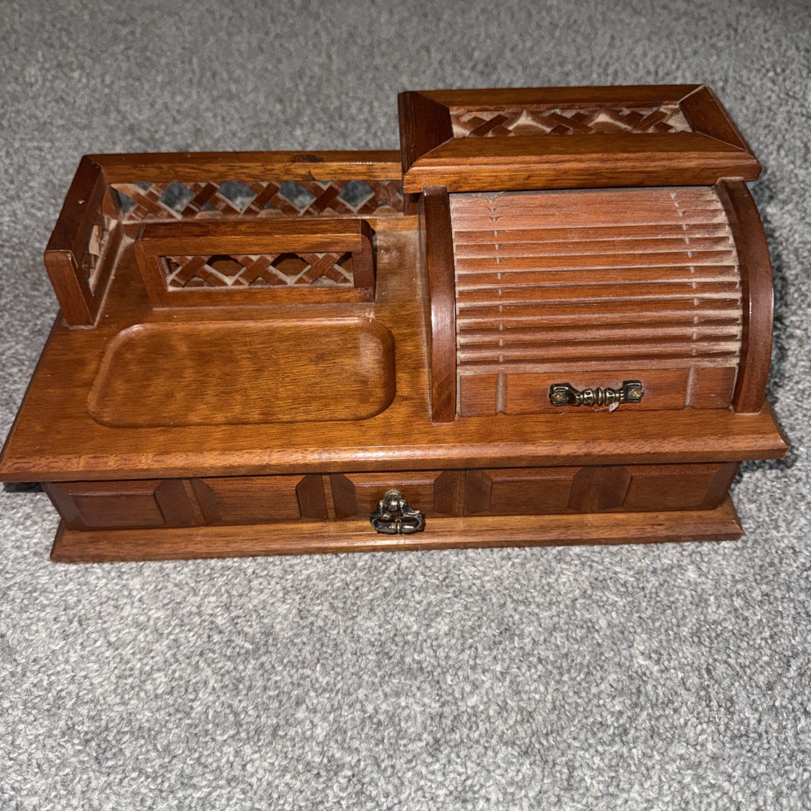 Vintage Wooden Desk Dresser Valet Organizer Roll Top Drawers Made in Taiwan