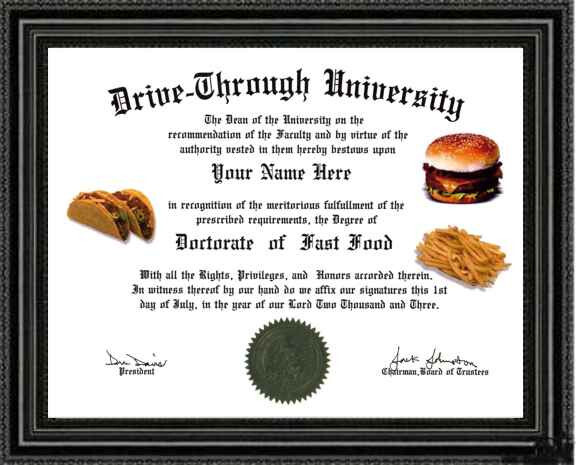 Fast Food Lover's Doctorate Diploma / Degree Custom made & Designed for YOU