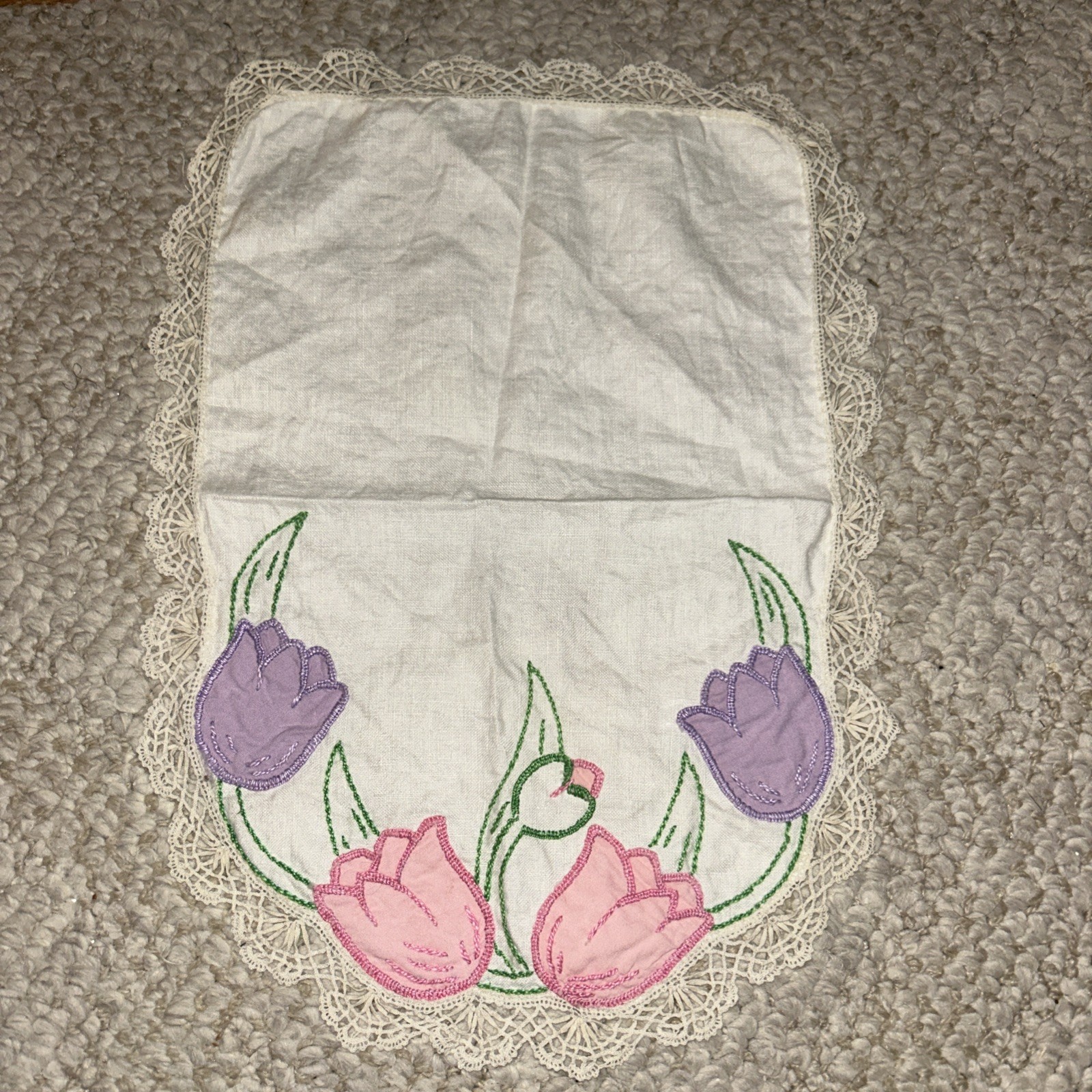 Vintage Linen Tulip Floral Lace Rectangular Vanity Table Mat Doily Spring Pink