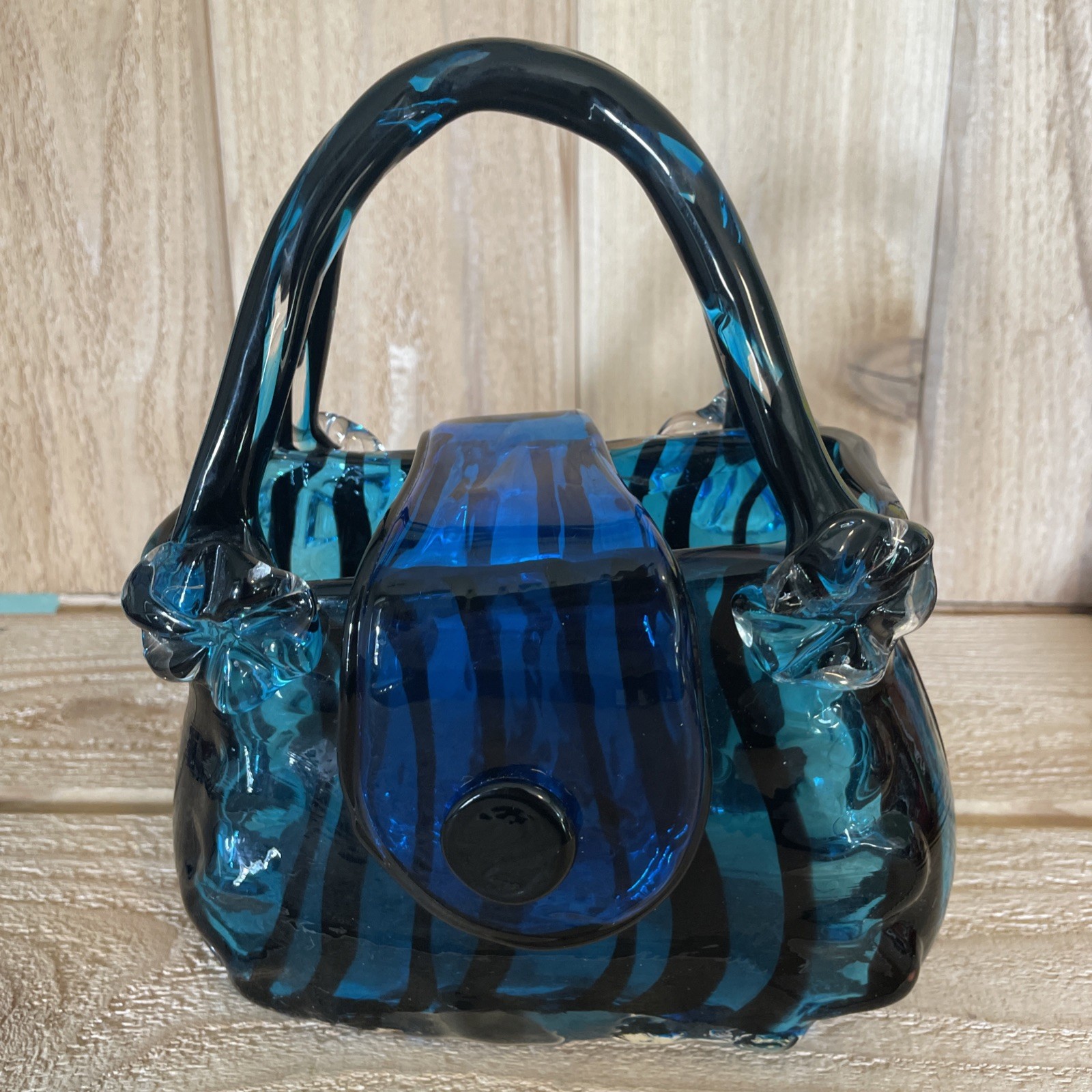 Art Purse Blown Glass Vase 8” X 3” Murano Inspired Blue Zebra Stripping Handbag