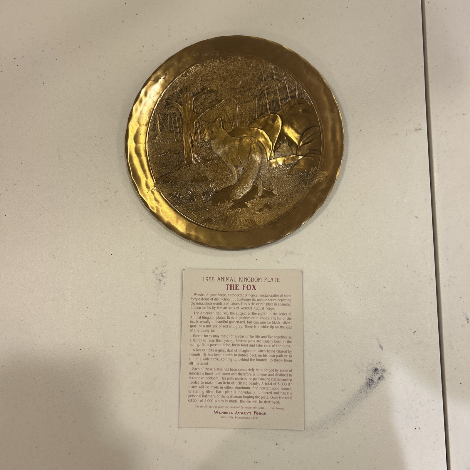 Wendell August THE FOX 1988 Hand Wrought Decorative Pewter Plate No. 559