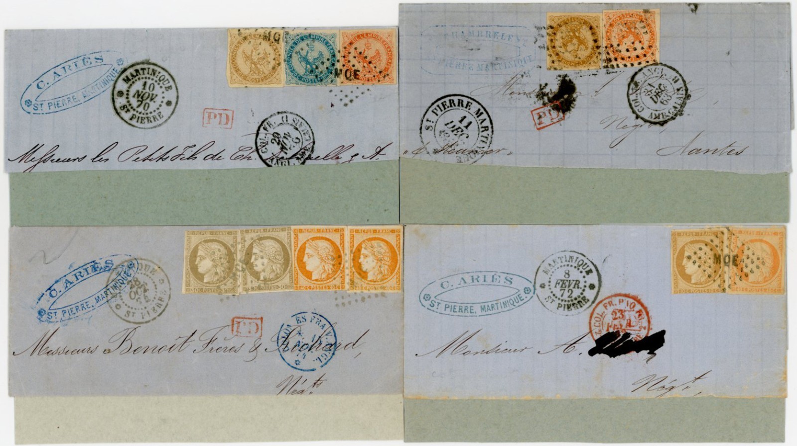 FRENCH COLONIES MARTINIQUE 1863-74 IMPERFORATES 11 stamps on PART COVERS 4 ITEMS