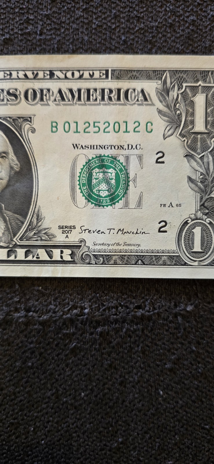 Fancy Serial number (B 01252012 C) BIRTHDAY Note $1 One Dollar Bill fresh bill