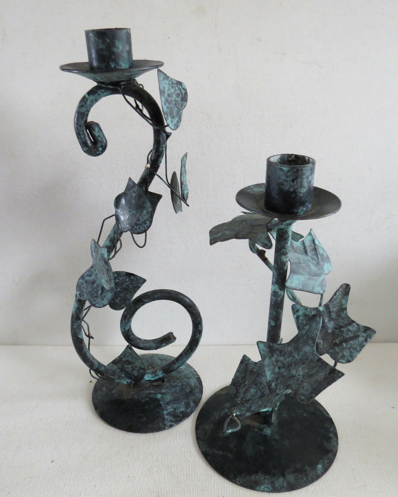 2 Rustic Green Sponge Painted VINE Metal Covered CANDLE HOLDERS~ 10.5", 8"