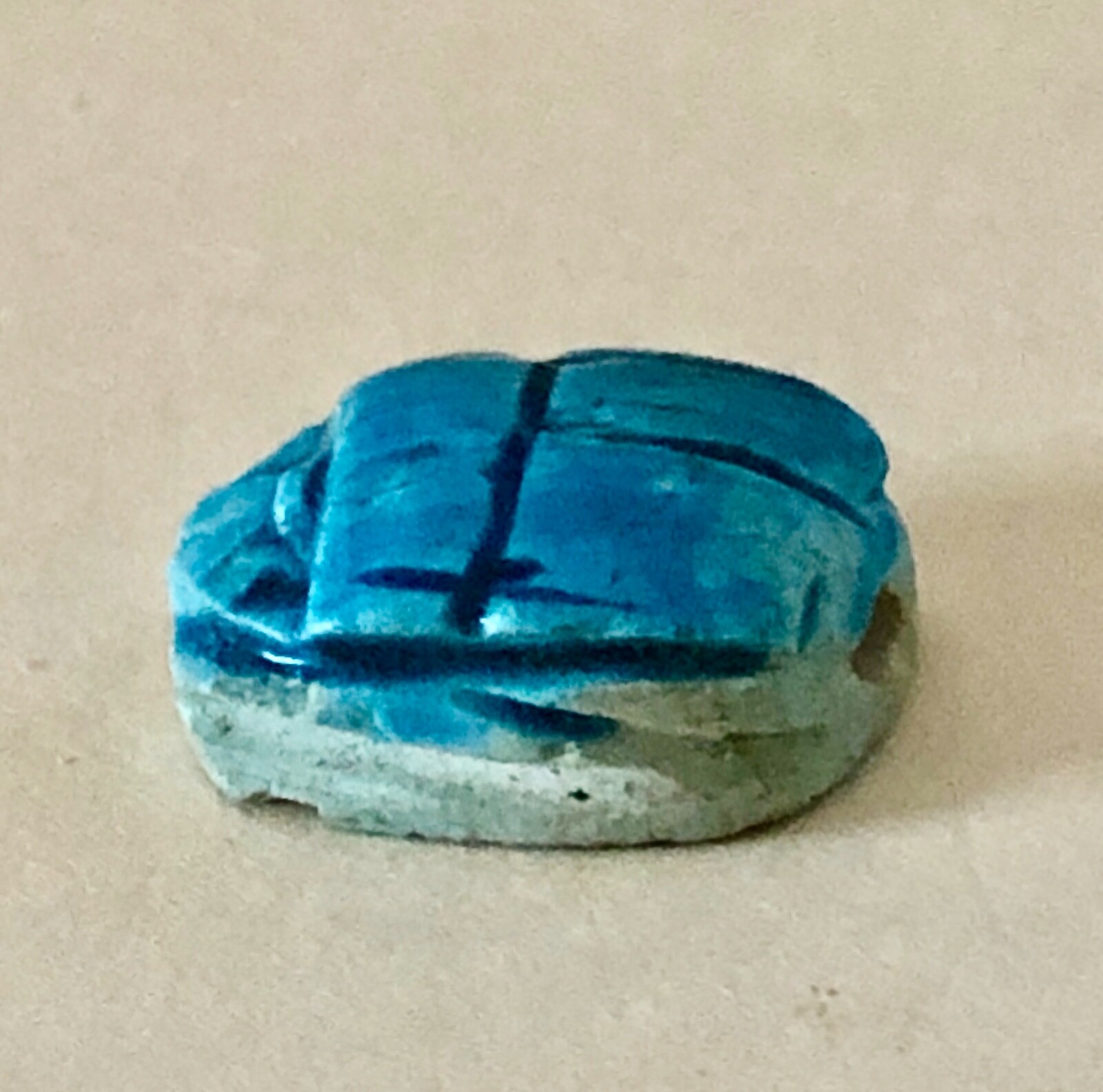 Scarab Beetle Carved Faience Turq. Blue Hieroglyphs Drilled Oval Focal Bead Vtg.