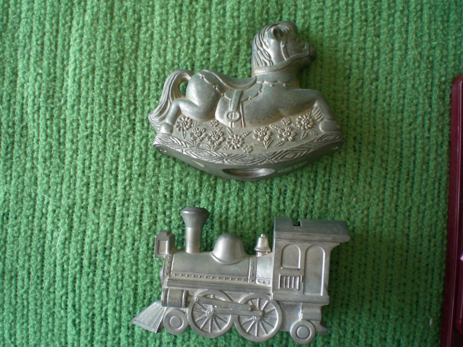 2 VINTAGE 5 3/4" SILVERPLATE METAL BANKS TRAIN LOCOMOTIVE & ROCKING HORSE