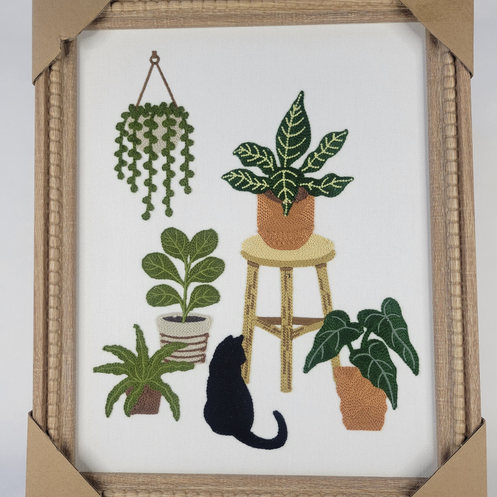 BP Home Woven Embroidered Black Cat Plants Textile Boho Framed Wall Art 13"x15”