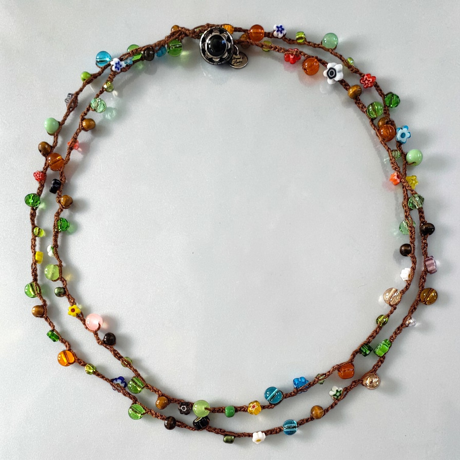 Thread & Luster Crochet Boho Necklace Round & Millefiori Beads 40"