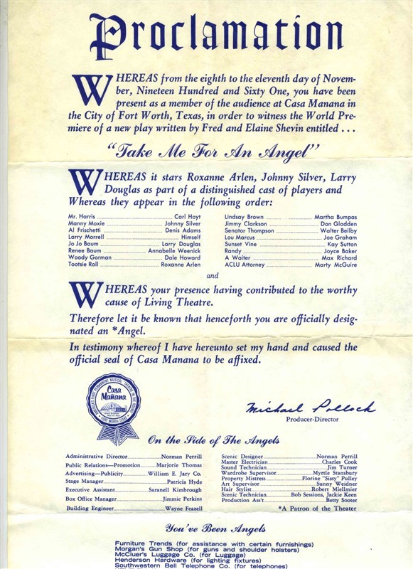 Proclamation 1961 World Premiere Take Me For An Angel Fort Worth Casa Manana 