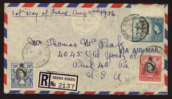 JAMAICA 1956 Reg to USA with 3' QEII value