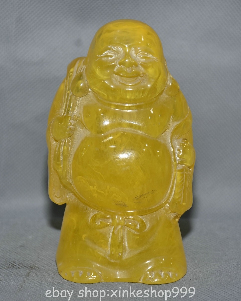 4.6" Rare Chinese Old Amber Carving Fengshui Maitreya Buddha Statue Sculpture
