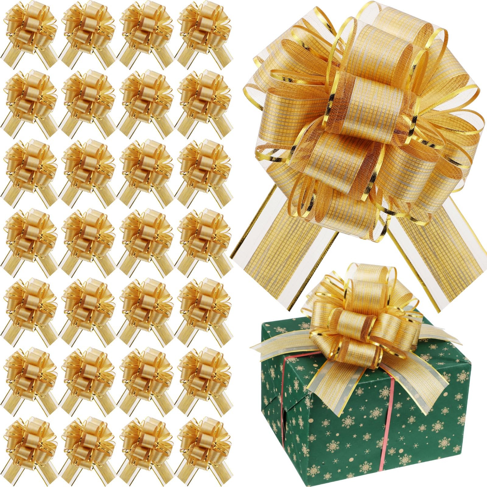 30 PCS 6 Inch Christmas Pull Bows Gold Waterproof Ribbon Gift Wrapping