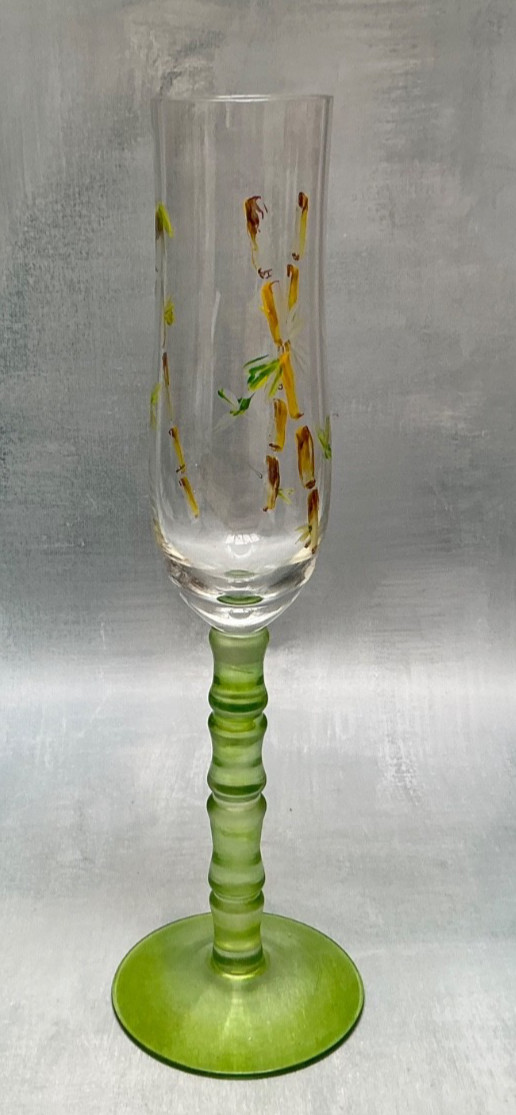 Bamboo Green Stem Etched Champagne Flute Glass 10 1/2”