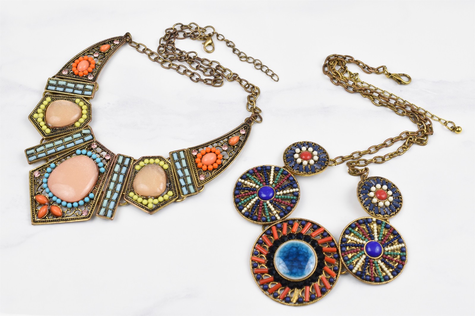 Handmade Studio 2pc Necklace Lot Multicolor Disco Glass Beads Geometric Links