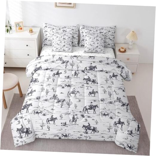 Western Comforter Set with Sheets Set Size, White and Black King Blue White