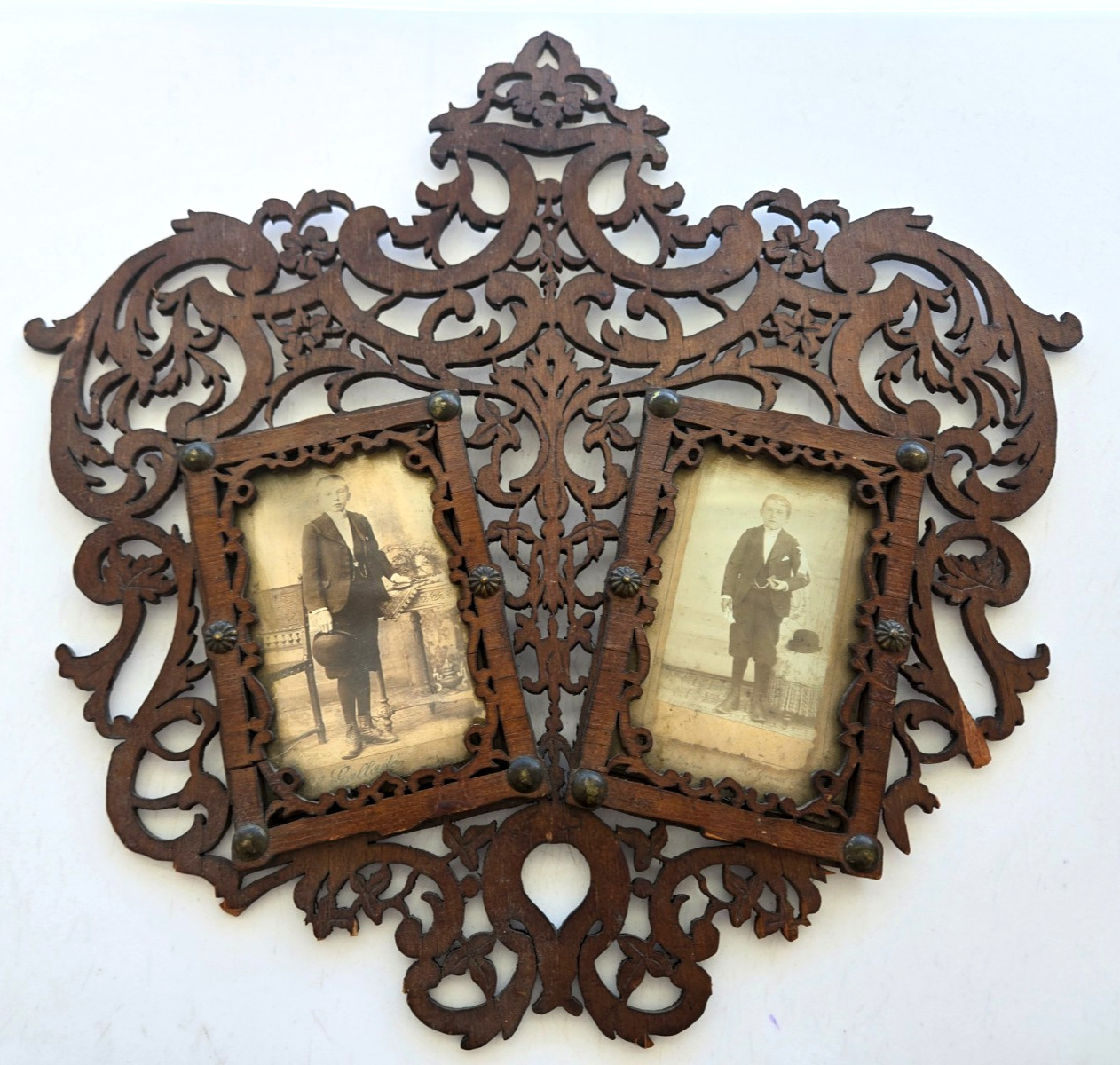 Antique Victorian Fretwork Carved Wood Double Photo Frame orig CDV,folk art